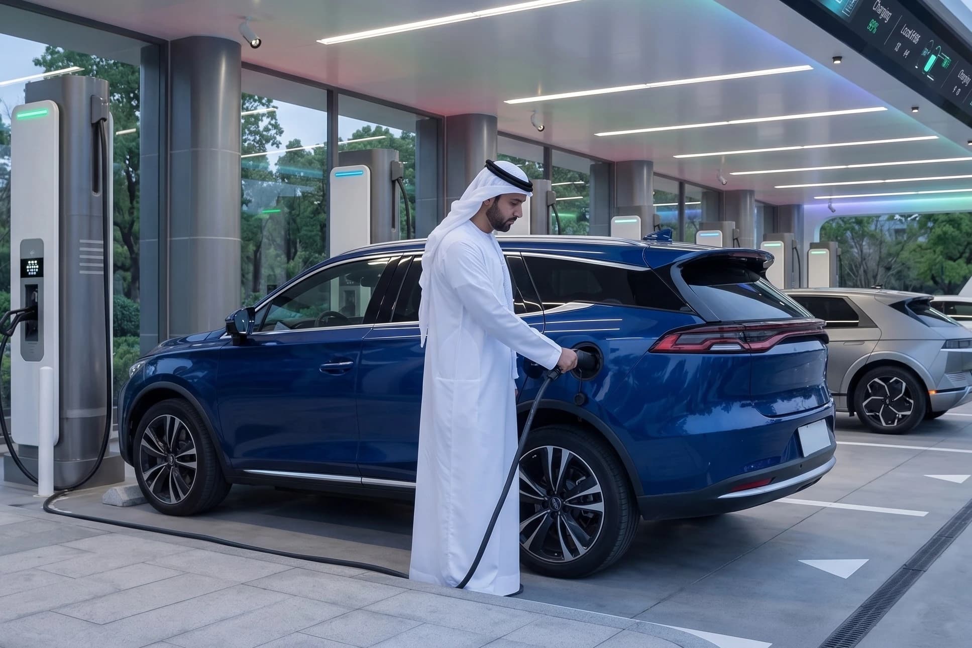 A man in traditional Emirati dress charging a blue electric SUV under a covered charging canopy, with more EVs charging alongside
