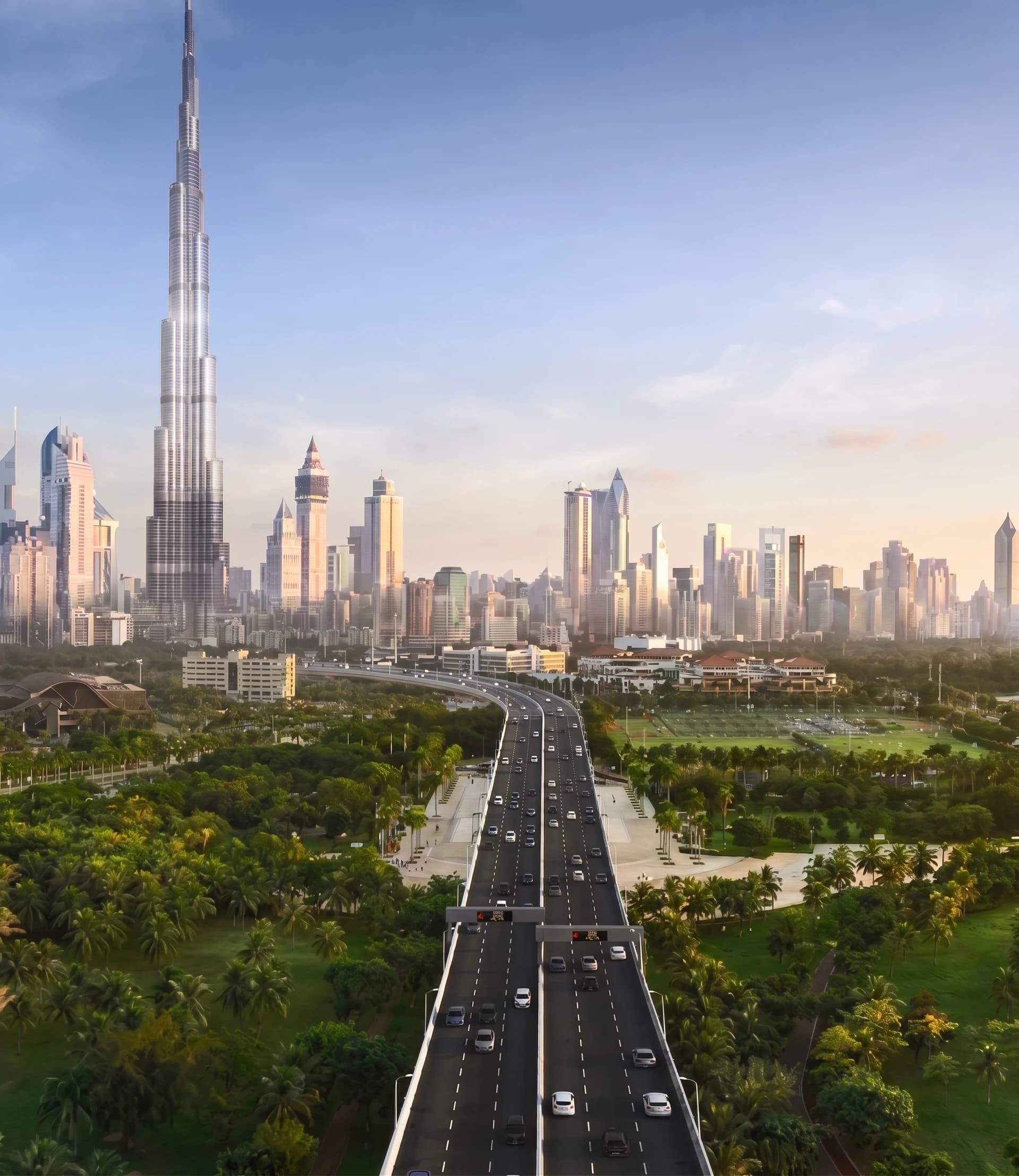 An aerial view of Sheikh Zayed Road and the Burj Khalifa lined with palm trees
