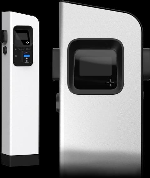 An Etrel INCH Duo charging pedestal, shown in full alongside a close-up of its display and connector port