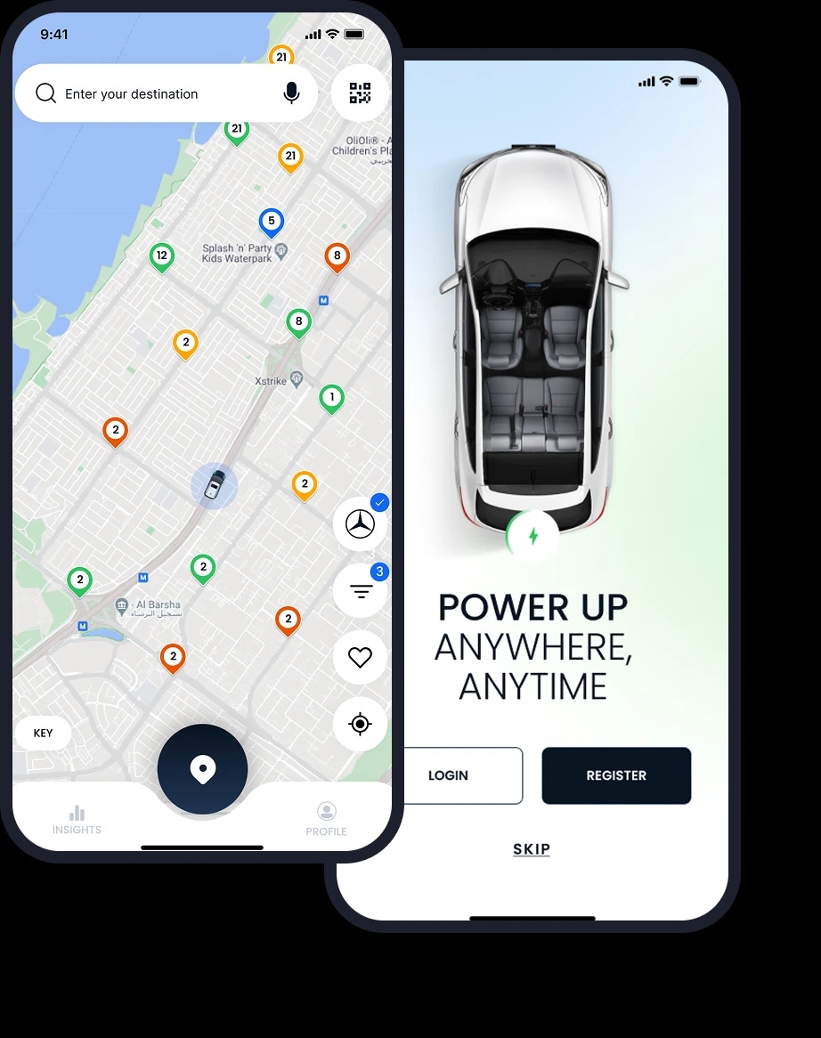 The WattsWhere app showing nearby charging stations on a map, and a car power-up screen, on two phones