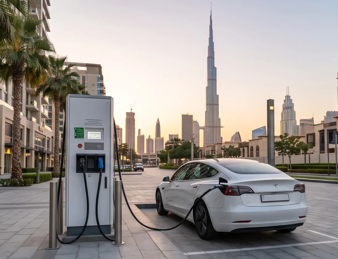 A Tesla charging at a public EV charging station in Downtown Dubai, with the Burj Khalifa in the background