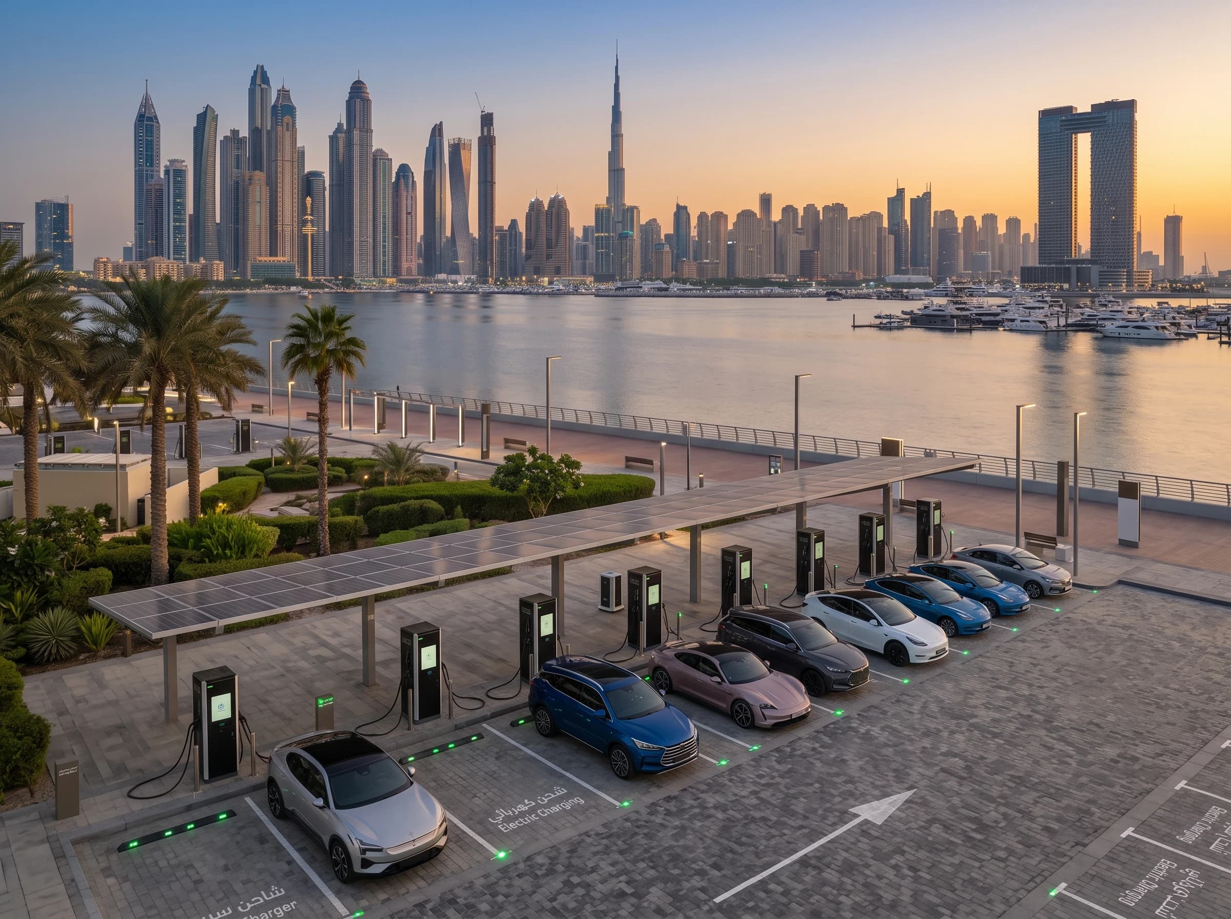 A row of EVs charging under a solar canopy at a Dubai waterfront promenade, with the Marina and Downtown skyline in the background
